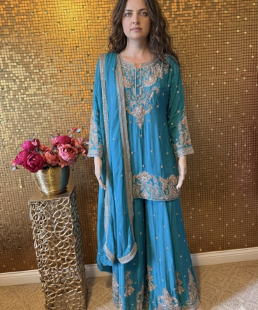 Teal Blue embroidered flared palazzoset