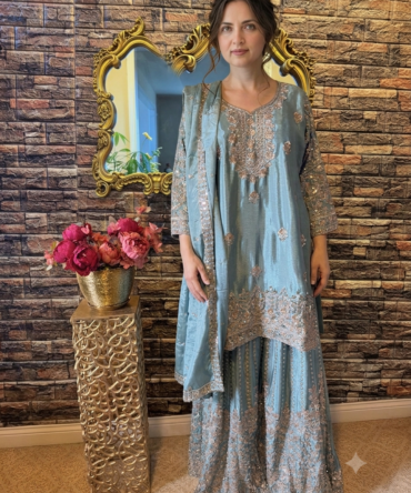 Blue heavy embroidered flared palazzo