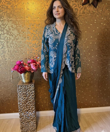 Teal blue pre stitched saree with embroidered jacket