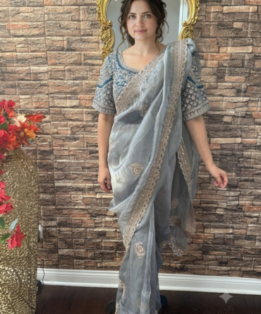 Light blue embroidered saree