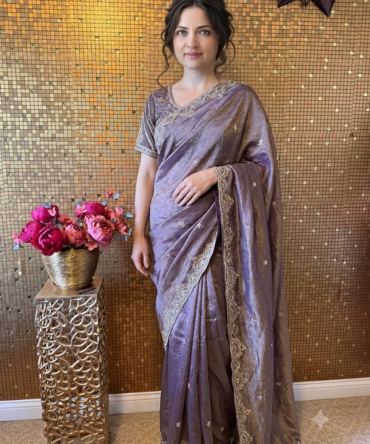 Fendy tissue with purple and bronze golden saree with beautiful embroidery