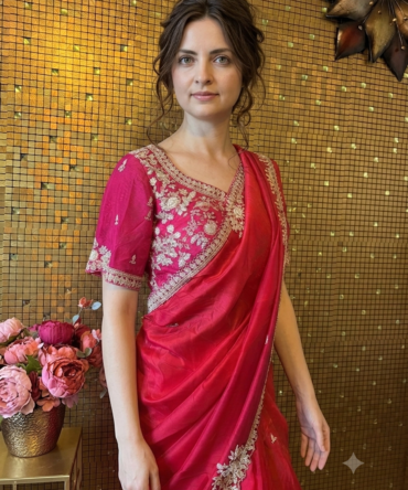 Red and Dark pink ombre saree with hand embroidery