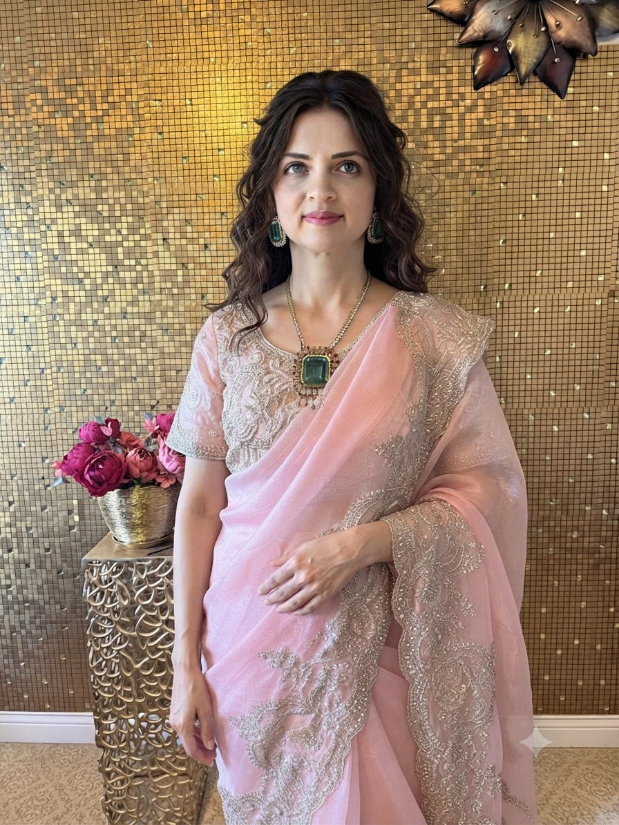 Light pink exclusive saree with hand embroidery