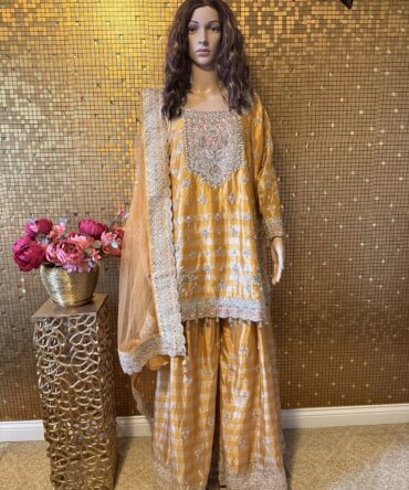 Elegant mustard color heavy embroidered flared plazzo