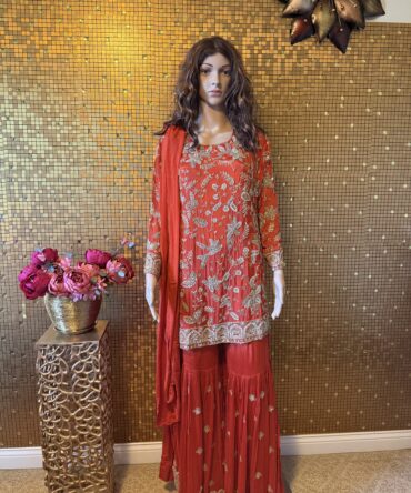 Very elegant orange  hand embroidery sharara  set