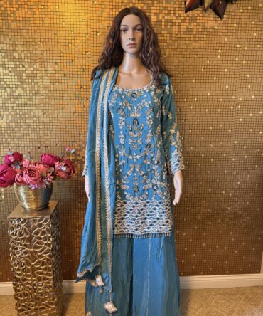 Elegant blue with heavy embroidered Flared palazzo set