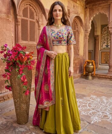Beautiful Navratri olive color stunning lehenga set