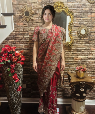 Beautiful heavy embroidery light red saree