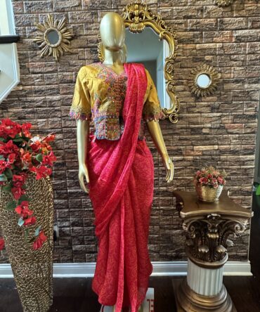 Red saree with unique style blouse