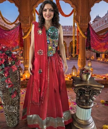 Corset blouse with red lahenga skirt set