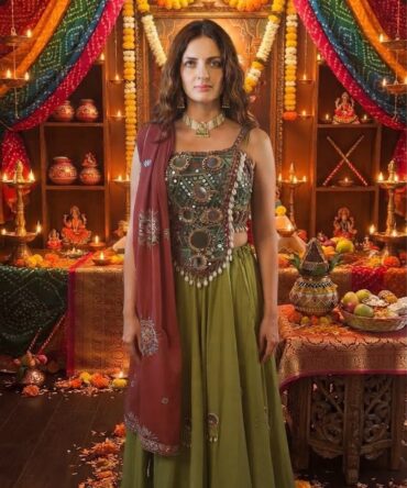 Elegant olive green corset lehenga set with mirror