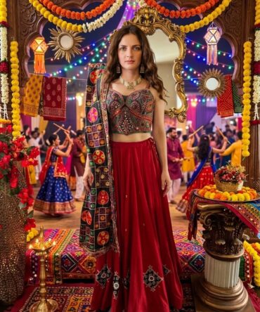 Beautiful red and black color lahenga with multicolor corset
