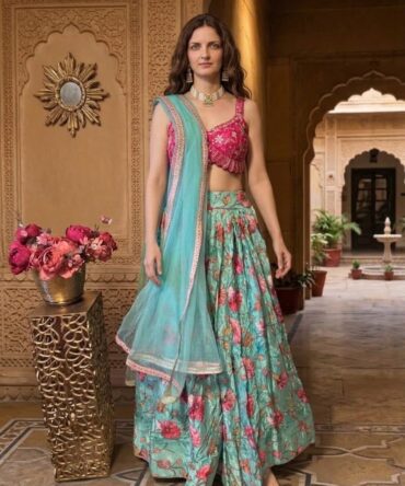Beautiful lehenga see green color with highlighted embroidered print
