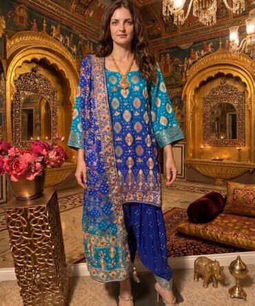 Beautiful electric blue in dual tone bandhej suit
