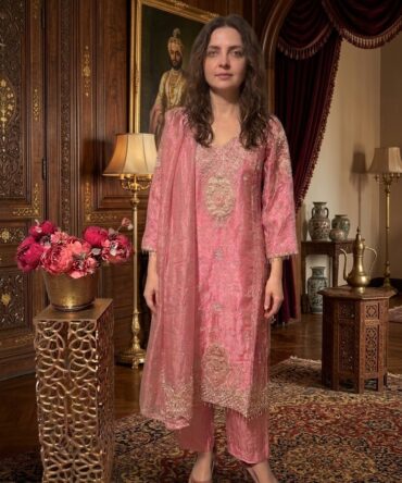 Elegant pink embroidered palazzo suit
