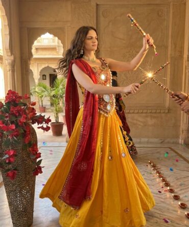 Yellow and red combination corset lehenga