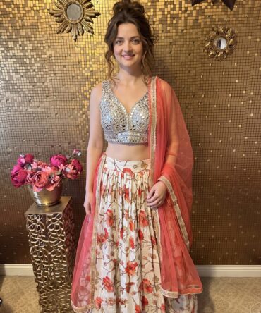 Beautiful flower print with high lighted work lahenga with mirror blouse